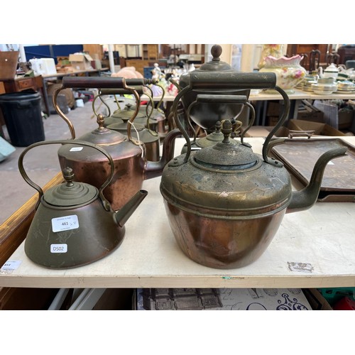 461 - Eight pieces of Victorian metalware, seven kettles and one samovar