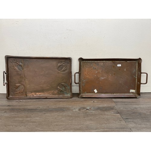 460 - Two Arts & Crafts copper twin handled trays to include Joseph Sankey & Sons etc.