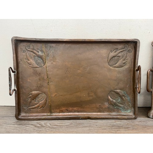 460 - Two Arts & Crafts copper twin handled trays to include Joseph Sankey & Sons etc.