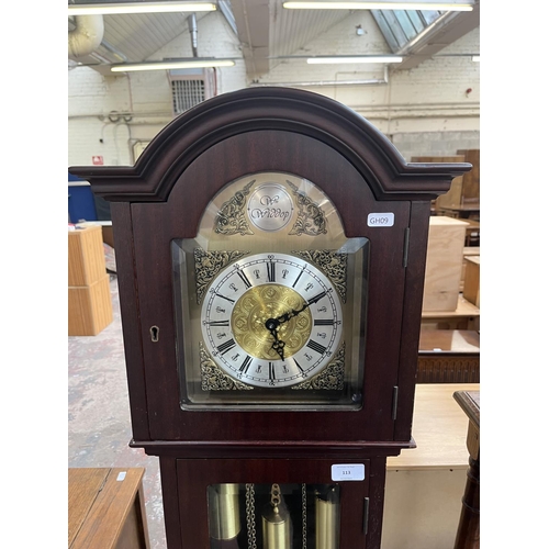 113 - A WM Widdop mahogany cased Grandmother clock with brass pendulum and weights - approx. 158cm high