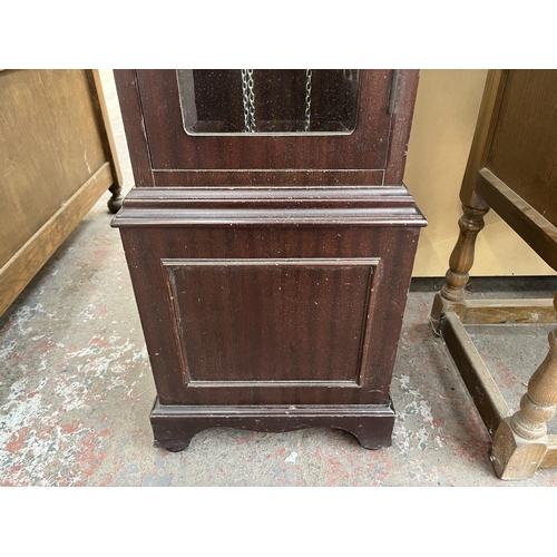 113 - A WM Widdop mahogany cased Grandmother clock with brass pendulum and weights - approx. 158cm high