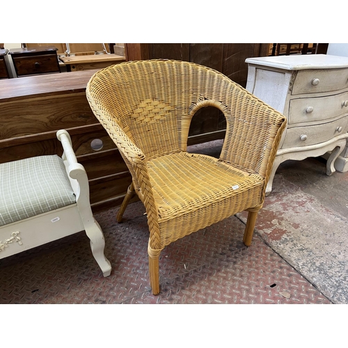 41 - Three pieces of furniture, Mexican pine magazine rack side table, French style white painted and gre... 