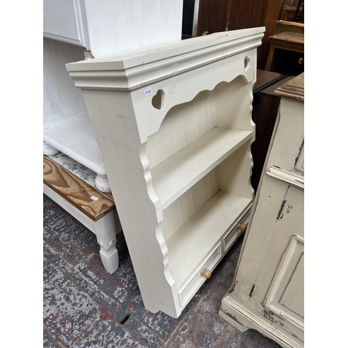 78 - Fourteen pieces of house clearance furniture to include white painted pine wall mountable two tier p... 