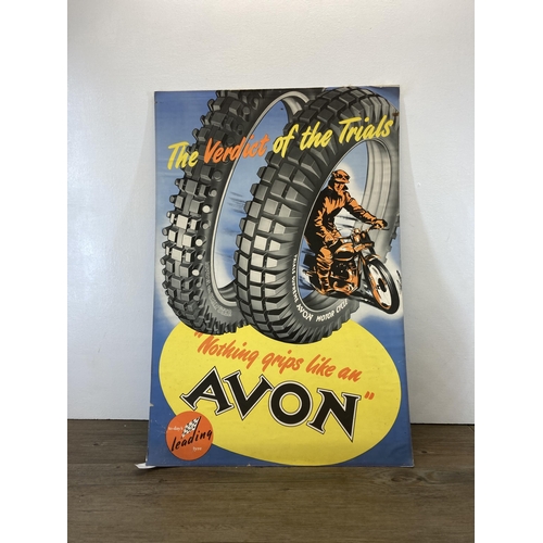 482 - A reproduction Avon motorcycle trial tyre advertising poster - approx. 73cm high x 49cm wide