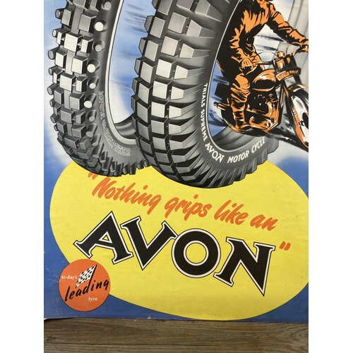 482 - A reproduction Avon motorcycle trial tyre advertising poster - approx. 73cm high x 49cm wide