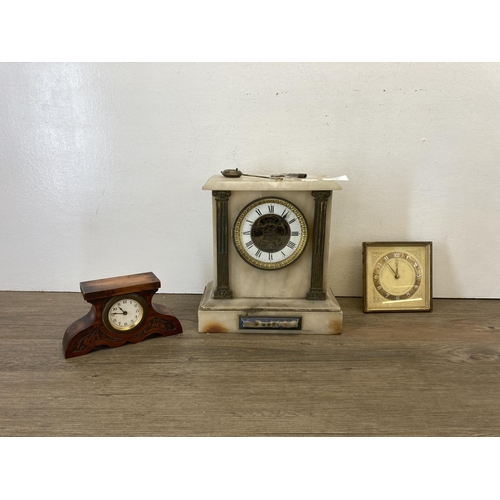 518 - Three antique and later clocks, Victorian white alabaster mantel clock with key and pendulum - appro... 