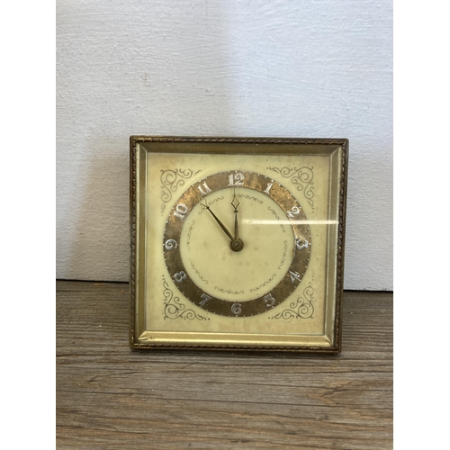 518 - Three antique and later clocks, Victorian white alabaster mantel clock with key and pendulum - appro... 