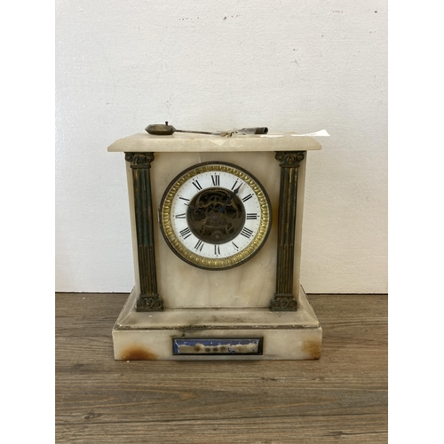 518 - Three antique and later clocks, Victorian white alabaster mantel clock with key and pendulum - appro... 