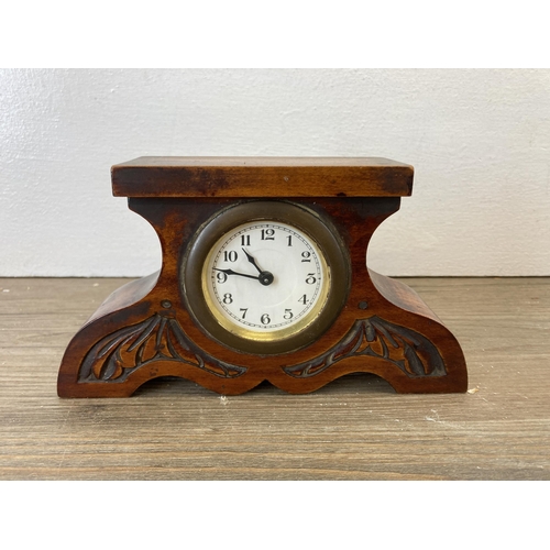 518 - Three antique and later clocks, Victorian white alabaster mantel clock with key and pendulum - appro... 