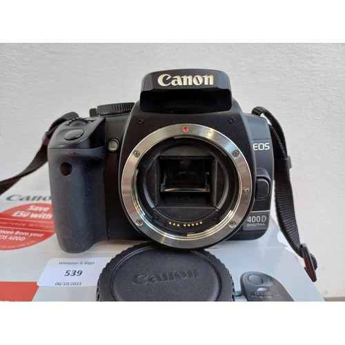 539 - A boxed Canon EOS 400D 10.1mp DSLR camera body with charger, battery, cable, instruction manual and ... 