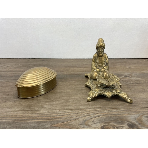 294 - Five pieces of metalware, brass shell shaped table snuff box - approx. 12cm wide x 8cm deep, brass I... 