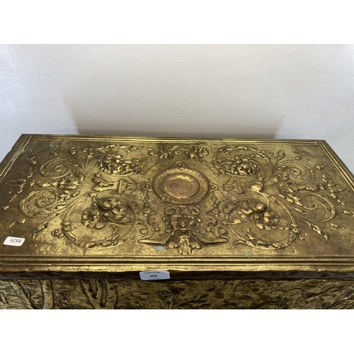 309 - A large 19th century embossed brass and pine log store - approx. 52cm high x 65cm wide x 33cm deep