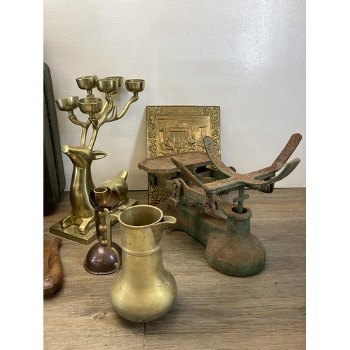 312 - A collection of metalware to include 19th century brass preserve pan, two embossed wall plaques, vin... 