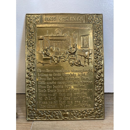 312 - A collection of metalware to include 19th century brass preserve pan, two embossed wall plaques, vin... 