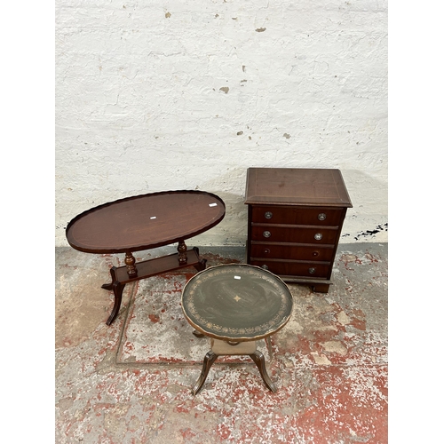 145 - Three pieces of mahogany furniture, oval pie crust edge twin pedestal side table, oval pie crust edg... 