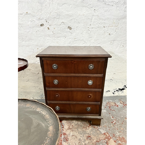 145 - Three pieces of mahogany furniture, oval pie crust edge twin pedestal side table, oval pie crust edg... 