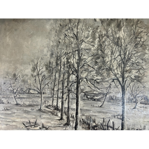 163 - A mid 20th century framed oil on canvas of a winter landscape scene signed Depoorter Geo - approx. 7... 