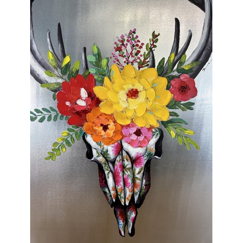 166 - A modern acrylic oil canvas of antlers and flowers - approx. 123cm high x 92cm wide