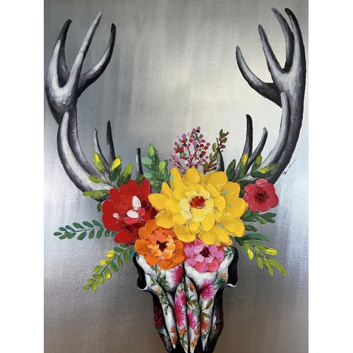 166 - A modern acrylic oil canvas of antlers and flowers - approx. 123cm high x 92cm wide