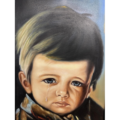 170 - A framed oil on canvas titled 'Crying Boy' after Giovanni Bragolin - approx. 67cm high x 47cm wide