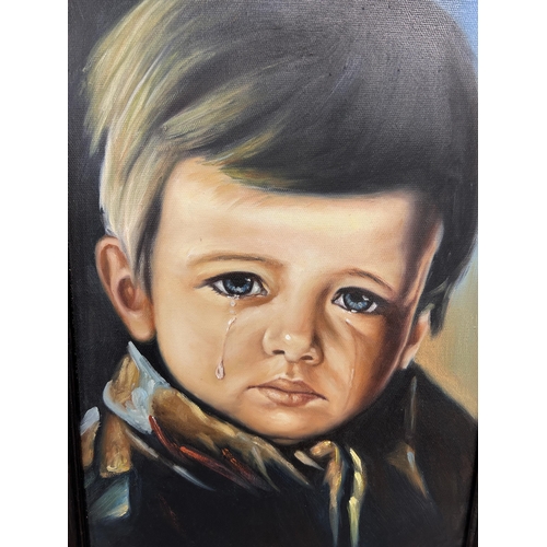 170 - A framed oil on canvas titled 'Crying Boy' after Giovanni Bragolin - approx. 67cm high x 47cm wide