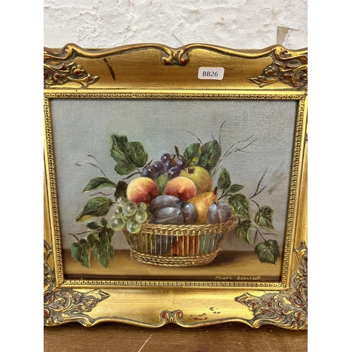 175 - A gilt framed fruit still life oil on board signed lower right - approx. 31cm high x 36cm wide