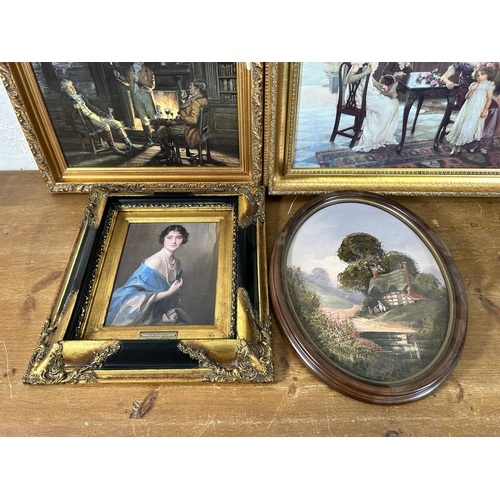 180 - Four framed pictures to include oil on canvas of a cottage scene signed J. Horsewell, Her Majesty Qu... 