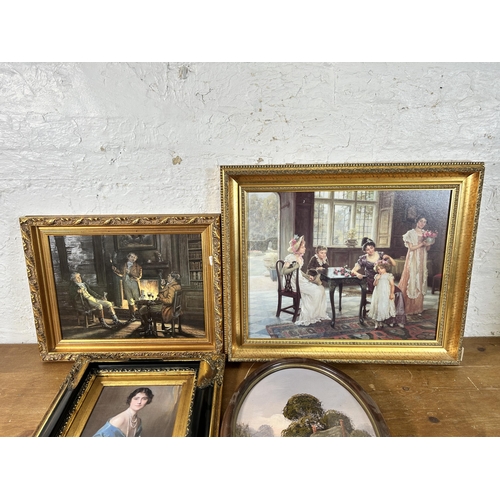 180 - Four framed pictures to include oil on canvas of a cottage scene signed J. Horsewell, Her Majesty Qu... 