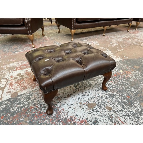 151C - A Buffalo brown leather Chesterfield footstool on cabriole supports - approx. 30cm high x 60cm wide ... 