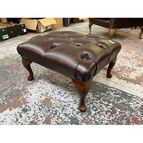 151C - A Buffalo brown leather Chesterfield footstool on cabriole supports - approx. 30cm high x 60cm wide ... 