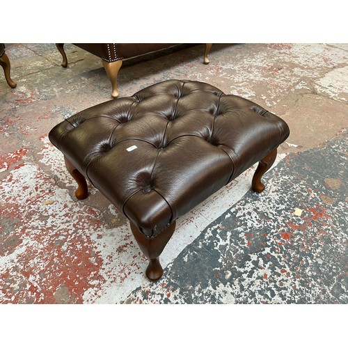 151C - A Buffalo brown leather Chesterfield footstool on cabriole supports - approx. 30cm high x 60cm wide ... 