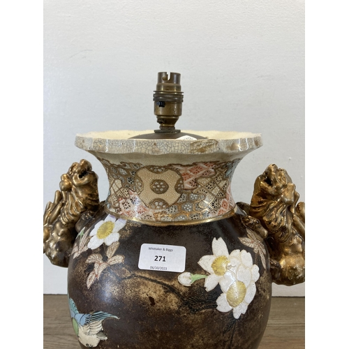 271 - A Japanese Satsuma ware twin handled vase converted table lamp - approx. 42cm high