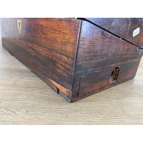 286 - A 19th century rosewood writing slope with brass details and escutcheon - approx. 15.5cm high x 46cm... 