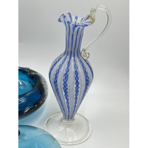 206 - Five pieces of art glassware to include Murano Venetian Latticino ewer - approx. 22cm high, Murano V... 