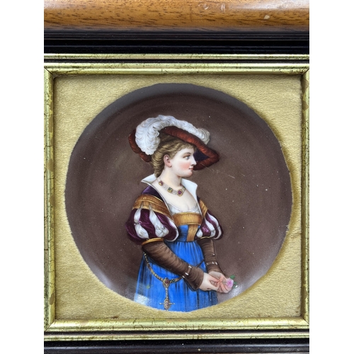 216 - A framed hand painted porcelain wall plaque depicting lady - approx. 27cm x 27cm