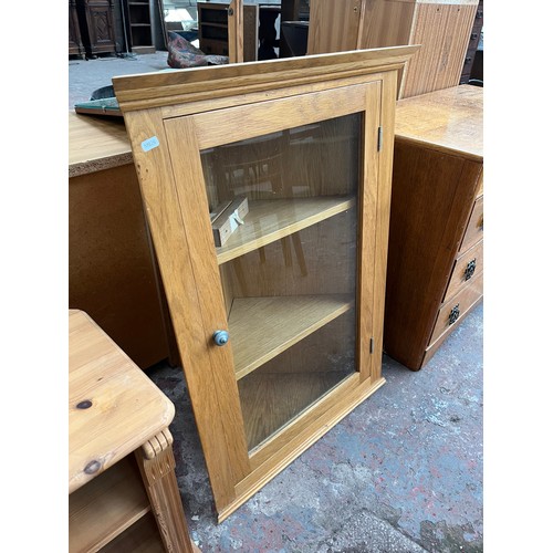 114B - A bespoke solid oak wall hanging corner cabinet - approx. 92cm high x 66cm wide x 35cm deep