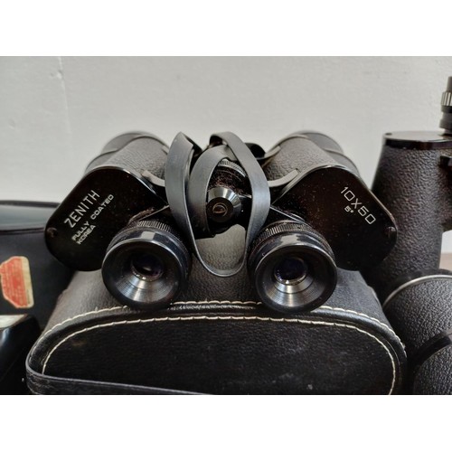 617 - Six items, three pairs of 10 x 50 binoculars, cased Zenith, Pathéscope and Chinon and three Nikon co... 