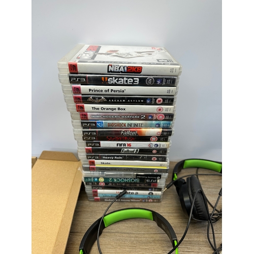 671 - A box of various tech items to include Turtle Beach gaming headsets, Sony PlayStation 3 games, Acer ... 