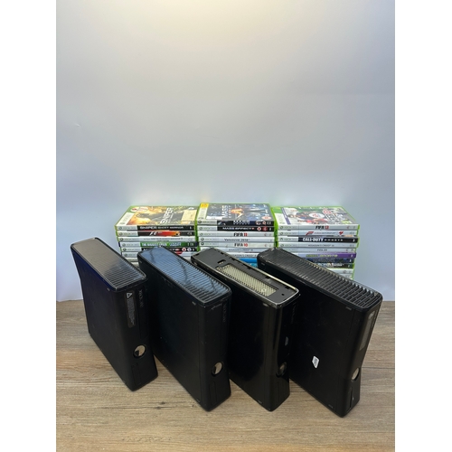 678 - A box containing four Xbox 360 consoles and games to include FIFA 12, Bulletstorm and Fallout New Ve... 