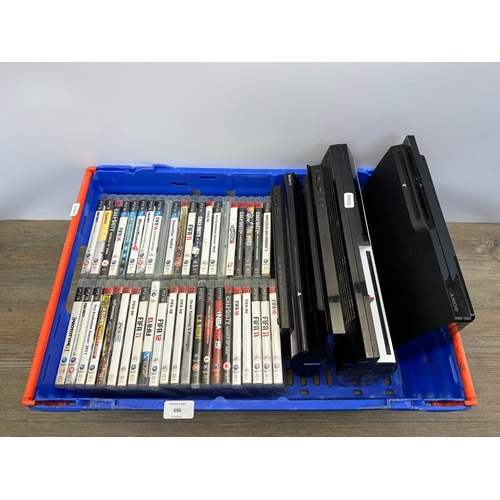 696 - Three Sony PlayStation 3 consoles and games to include FIFA 08, FIFA 10 and FIFA 11 etc.