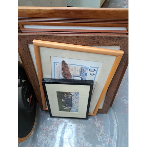 912 - A box containing framed pictures to include Pat Howden By The Pond Hartington pencil signed numbered... 