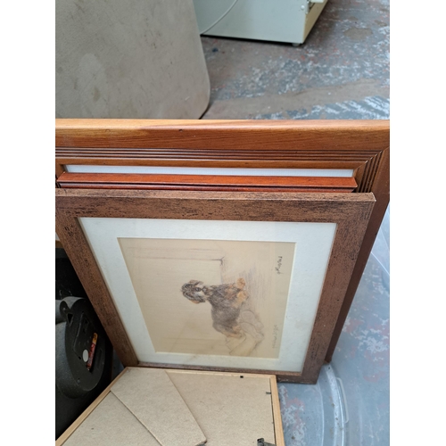 912 - A box containing framed pictures to include Pat Howden By The Pond Hartington pencil signed numbered... 