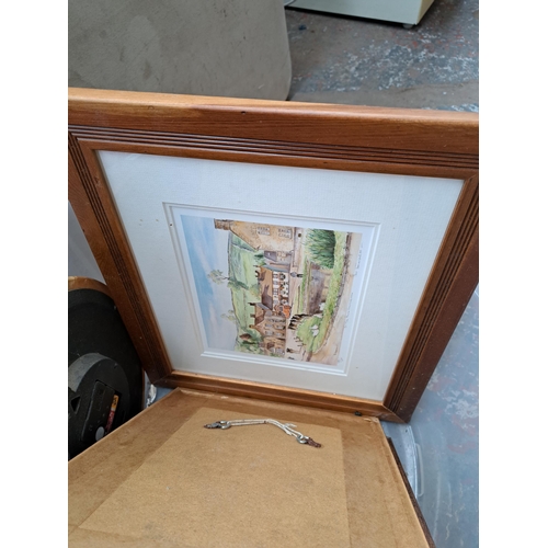 912 - A box containing framed pictures to include Pat Howden By The Pond Hartington pencil signed numbered... 