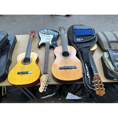 738A - Four guitars to include Encore stratocaster style electric, cased Eleca DAG-IN-36 etc.