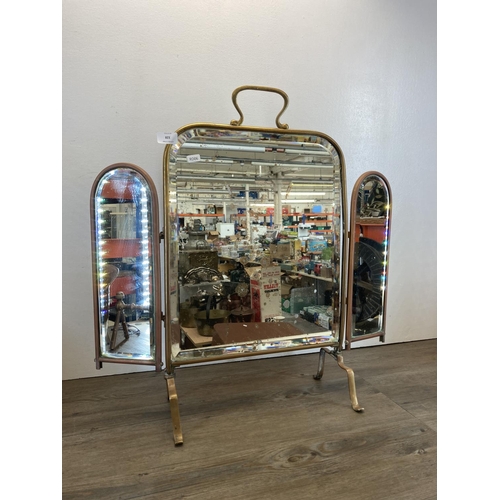 328 - A collection of antique metalware, Arts & Crafts brass framed three section fire screen with bevelle... 