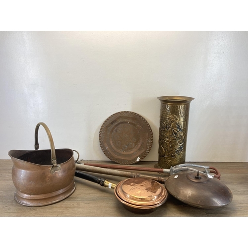 336 - Six pieces of antique and later metalware, two 19th century copper bed warming pans, one 19th centur... 