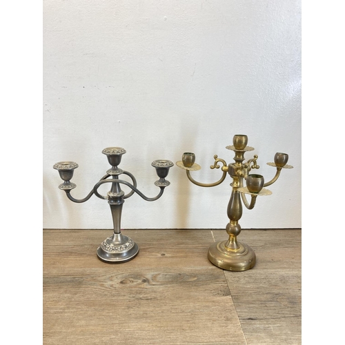 337 - A collection of metalware to include mid 20th century silver plated three branch candelabra, vintage... 