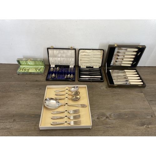 342 - Five vintage cased cutlery sets to include Priestley & Moore Ltd. fruit spoons and server etc.