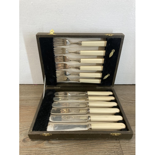 342 - Five vintage cased cutlery sets to include Priestley & Moore Ltd. fruit spoons and server etc.