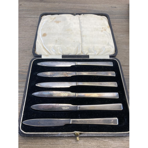 342 - Five vintage cased cutlery sets to include Priestley & Moore Ltd. fruit spoons and server etc.